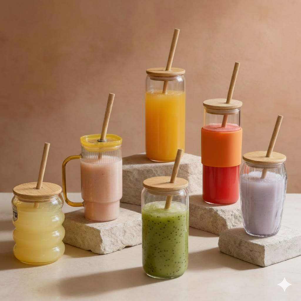 Glass Tumblers (with bamboo lid and straw)
