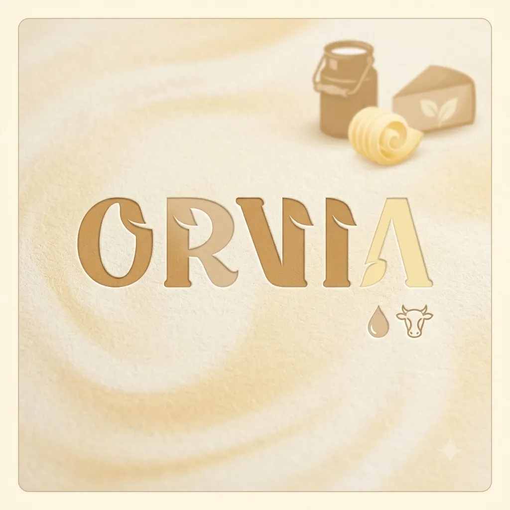 The ORVIA DAIRY wordmark in gold, with milk, butter and cheese motifs