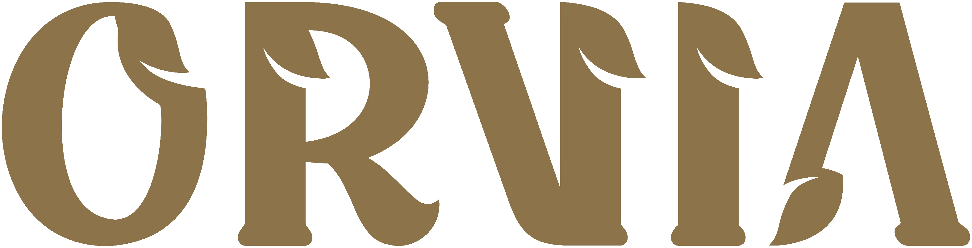 The ORVIA ECO wordmark in bronze, from a cream leaf motif